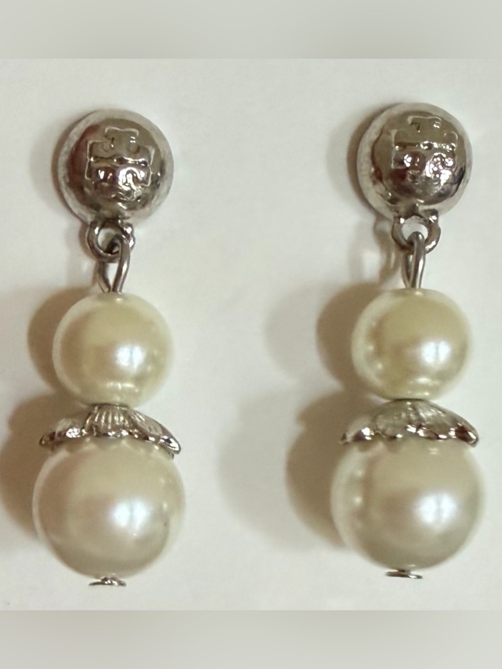 Tory Burch white Pearl Double logo Drop Earrings with Silver Accents